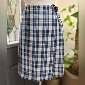 Talbots Vintage Navy Gray Plaid Irish Linen Wrap Skirt